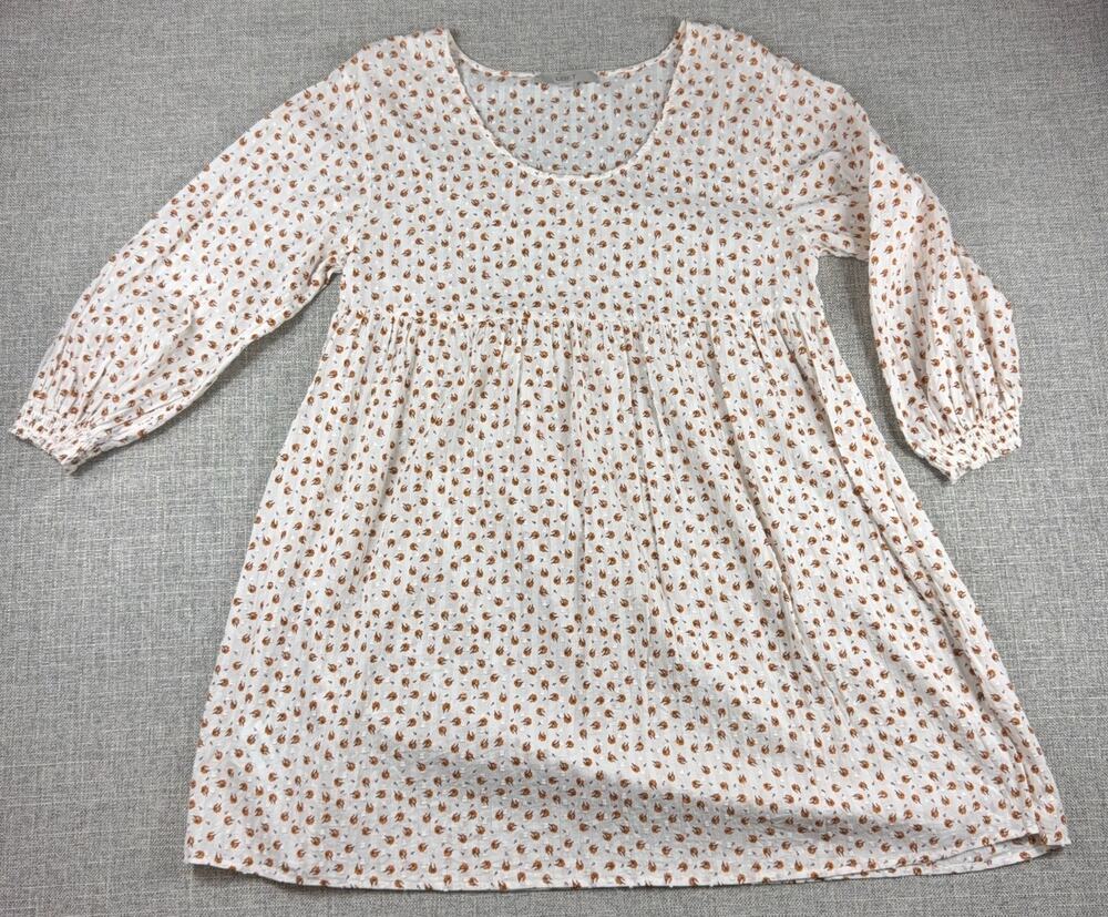 LOFT Womens M Floral Dobby Babydoll Dress White Rust Long Sleeve Cottagecore